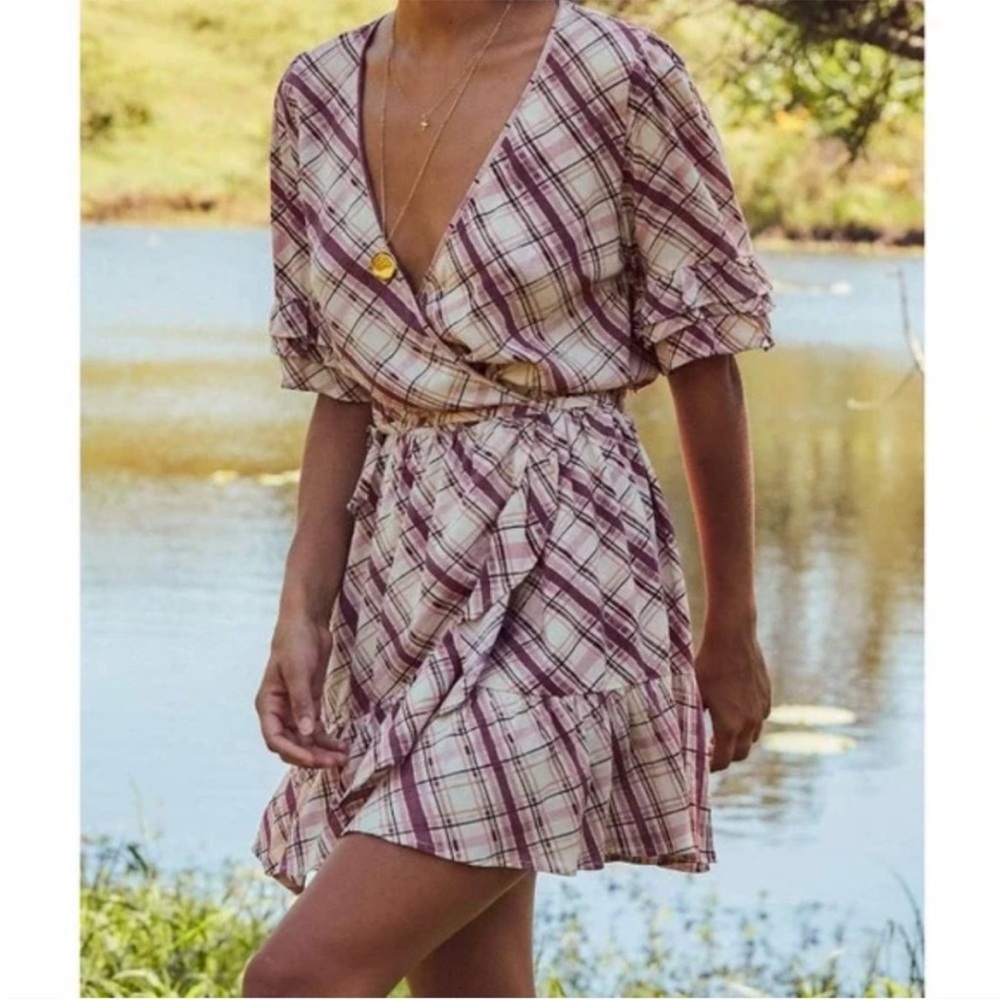 NWT Auguste The Label Sloane Rowen Wrap Mini Dress Sz XS Plaid Purple Bohemian